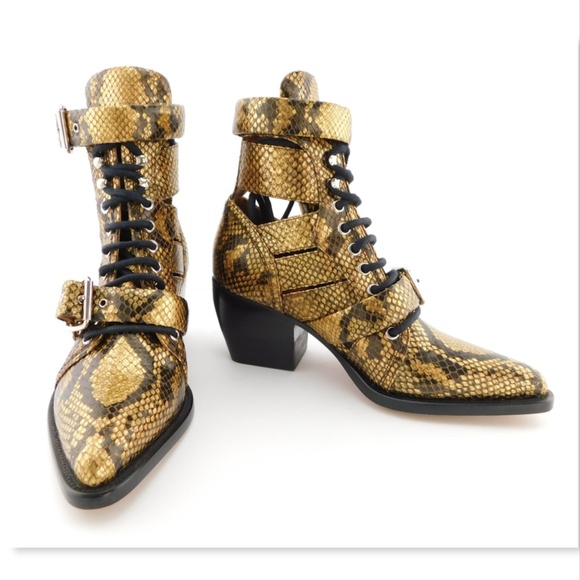New CHLOE Metallic Gold Python Snake Caged Block Heel Buckle Strap Booties 36.5 - Picture 2 of 8